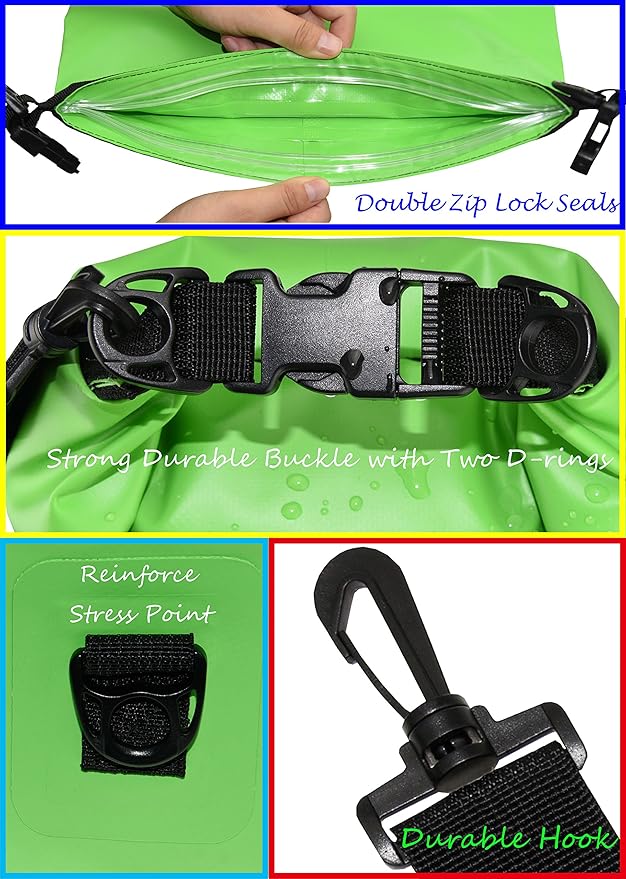 Freegrace Waterproof Dry Bags Set Of 3 Dry Bag With 2 Zip Lock Seals & Detachable Shoulder Strap, Waist Pouch & Phone Case - Can Be Submerged Into Water - For Swimming (Green, 5L)