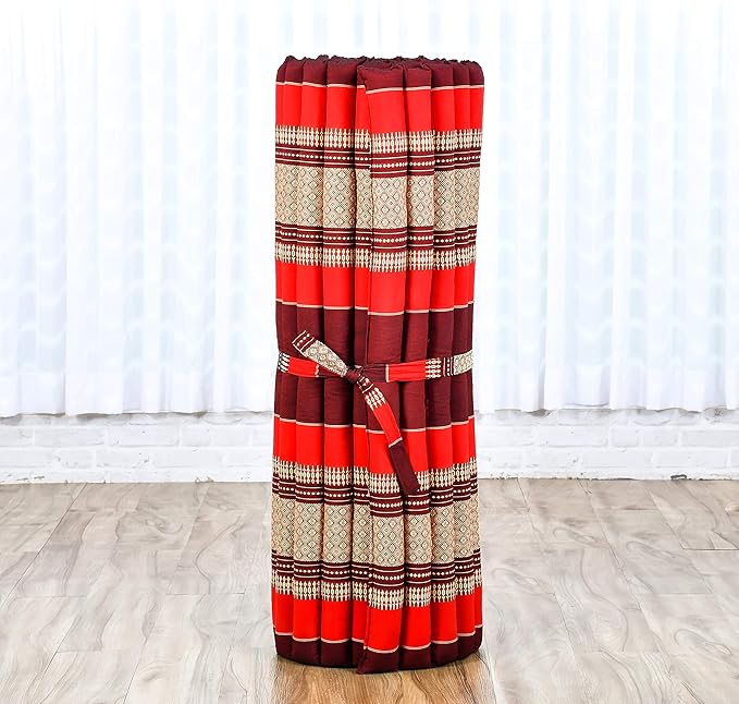 Leewadee - Kapok Roll Mat – Handcrafted Folding Sleep & Relaxation Mattress from Thailand, Ideal as Guest Bed, Camping Mat, Yoga Mat or Traditional Futon, 75 x 39 inches, Red