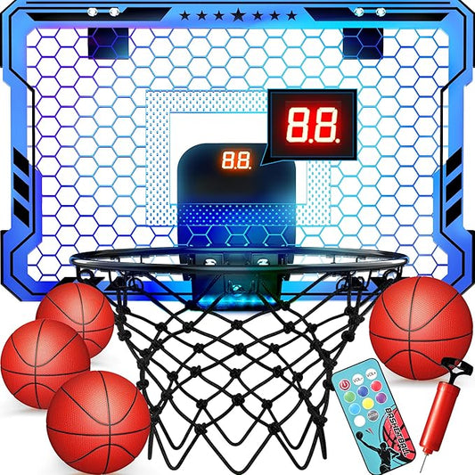 ropoda Indoor Basketball Hoop, Mini Hoop with Remote Controll, 7 LED Lights, 3 Modes Scoreboard, Mini Hoop with 4 Balls Over The Door, Basketball Hoop Indoor, Toys Gifts for Kids Adults