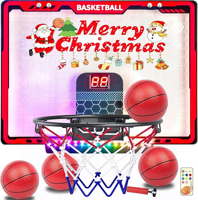 Awsoo Basketball Hoop Indoor for Kids，Mini Basketball Hoop with Colorful Light Bar，Scoreboard& 4 Basketballs, Basketball Toys Gifts for 3 4 5 6 7 8 9 10 11 12 Year Old Boys Girls (Red)