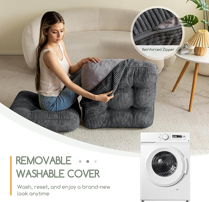 Washable Floor Pillow Cushion for Adults, Meditation Cushion Pillow, Large Square Floor Sitting, Removable Tufted Corduroy Cover, for Tatami Living Room or Yoga, 22x22 Inch, 2Pack, Machine Washable