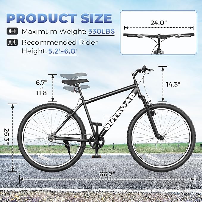 Outroad 26 Inch Comfort Mountain Bike,1-Speed/High-Carbon Steel Adult Bike with V Brakes, Adjustable Ergonomic Seat Bicycle for Men and Women