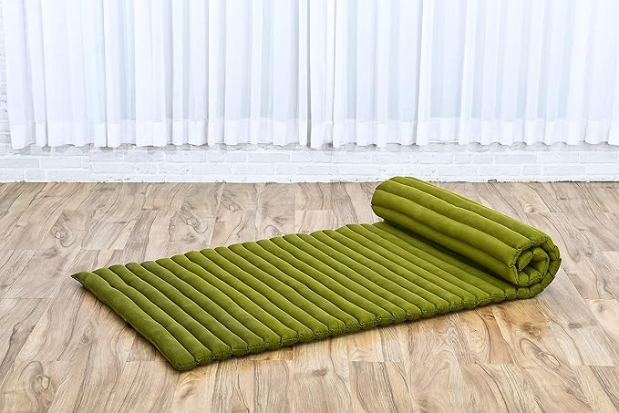 Leewadee - Foldable Floor Mattress - Japanese Roll Up Futon -Trifold Tatami Mat- Guest Floor Bed - Camping Mattress - Thai Massage Mat, Kapok Filled, 75 x 28 inches, Green