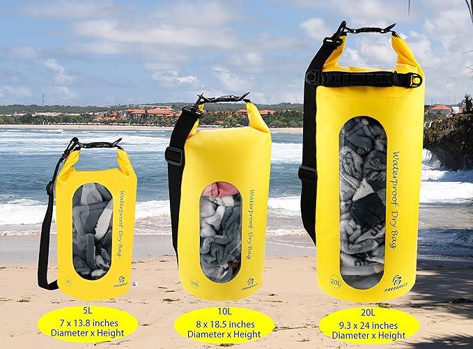 Freegrace Waterproof Dry Bags Set Of 3 Dry Bag With 2 Zip Lock Seals & Detachable Shoulder Strap, Waist Pouch & Phone Case - Can Be Submerged Into Water - For Swimming (Yellow(Window), 5L)