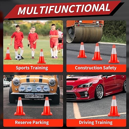 Traffic Cones 18 inch 12 Pack Safety Cones Orange with Reflective Collars Fit Parking Lot,Driveway Road Traffic Control Construction Sport Cones
