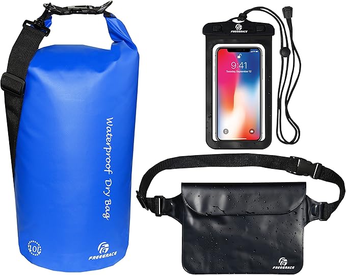 Freegrace Waterproof Dry Bags Set of 3 Dry Bag with 2 Zip Lock Seals & Detachable Shoulder Strap, Waist Pouch & Phone Case - Can Be Submerged Into Water - for Swimming (Navy Blue, 5L)