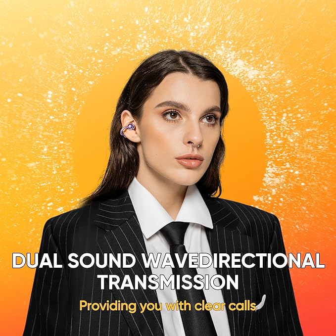 Clip on Earbuds Open Ear Earbuds Wireless Headphones with Mic,66H Play Bluetooth 5.4 Bone Conduction Headphones,Noise Cancelling,IPX5 Waterproof,Secure Fit for Small Ears, Sports&Workout,Purple