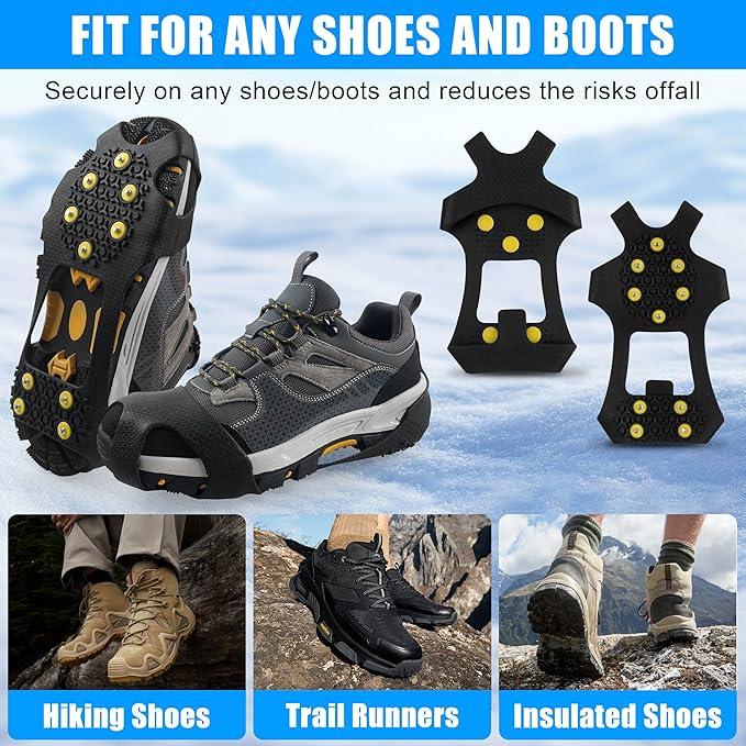 Ice Snow Cleats for Shoes Boots Non Slip Ice Cleats Overshoe for Walking on Snow and Ice Rubber Crampons with 10-Stud Ice Rubber Cleats Slip-on Stretch Footwear