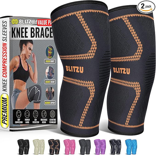 Knee Brace for Women & Men, 2 Pack Compression Knee Brace, Knee Support Sleeve for Pain Relief, Running, Workout, Sports, Knee Braces for ACL, Meniscus Tear, Arthritis and Injury Recovery Orange XL
