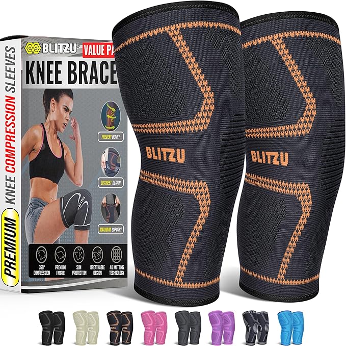 Knee Brace for Women & Men, 2 Pack Compression Knee Brace, Knee Support Sleeve for Pain Relief, Running, Workout, Sports, Knee Braces for ACL, Meniscus Tear, Arthritis and Injury Recovery Orange L