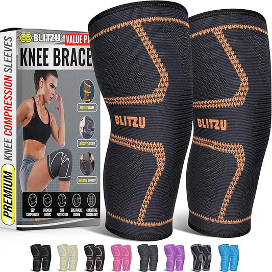Knee Brace for Women & Men, 2 Pack Compression Knee Brace, Knee Support Sleeve for Pain Relief, Running, Workout, Sports, Knee Braces for ACL, Meniscus Tear, Arthritis and Injury Recovery Orange L