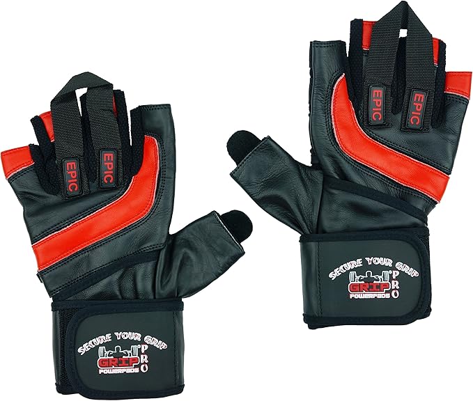 Epic Leather Gym Gloves with Built in 2" Wide Wrist Wraps Grip & Design for Weightlifting Power Lifting Bodybuilding & Strength Training Workout Exercises, Size : Large 8 1/8" - 8 1/2"