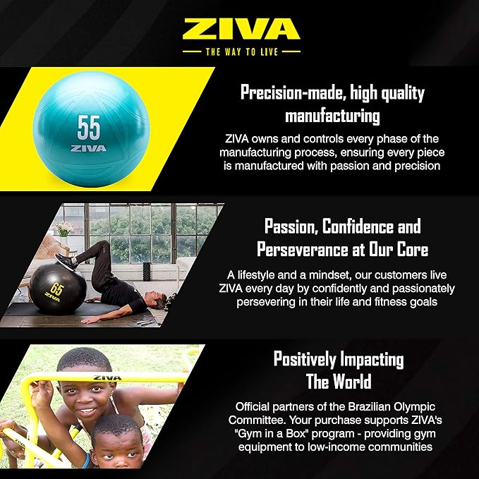 Ziva Anti Burst Core Fitness Exercise Ball - Professional Grade Slip Resistant Yoga Ball for Stability Balance - Includes Hand-Pump - Multiple Sizes Colors, 55-75cm