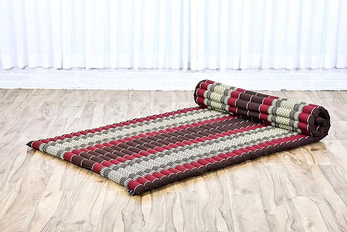 Leewadee - Kapok Roll Mat – Handcrafted Folding Sleep & Relaxation Mattress from Thailand, Ideal as Guest Bed, Camping Mat, Yoga Mat or Traditional Futon, 75 x 39 inches, Brown Red