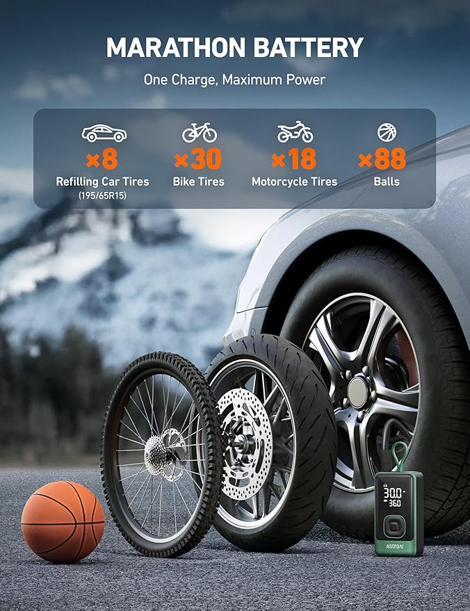 AstroAI L7 Air Tire Inflator Portable Air Compressor, 150PSI Electric Cordless Pump with Fast 1-min Inflation, Auto Shutoff, LED Light – Rechargeable for Car, SUV, Motorcycle, Bike Tires (Green)