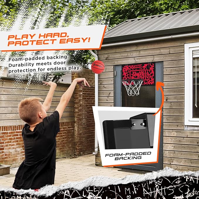 AND1 Over the Door Mini Basketball Hoop: 18x12 Shatterproof Backboard, 2 Mini Basketballs, and Hand Pump Included- Ultimate Indoor Basketball Accessory for Kids and Adults, No Tools Required