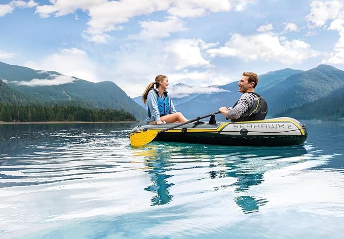 INTEX Seahawk Inflatable Boat Series: Includes Deluxe Aluminum Oars and High-Output Pump – SuperStrong PVC – Fishing Rod Holders – Heavy Duty Grab Handles – Gear Pouch