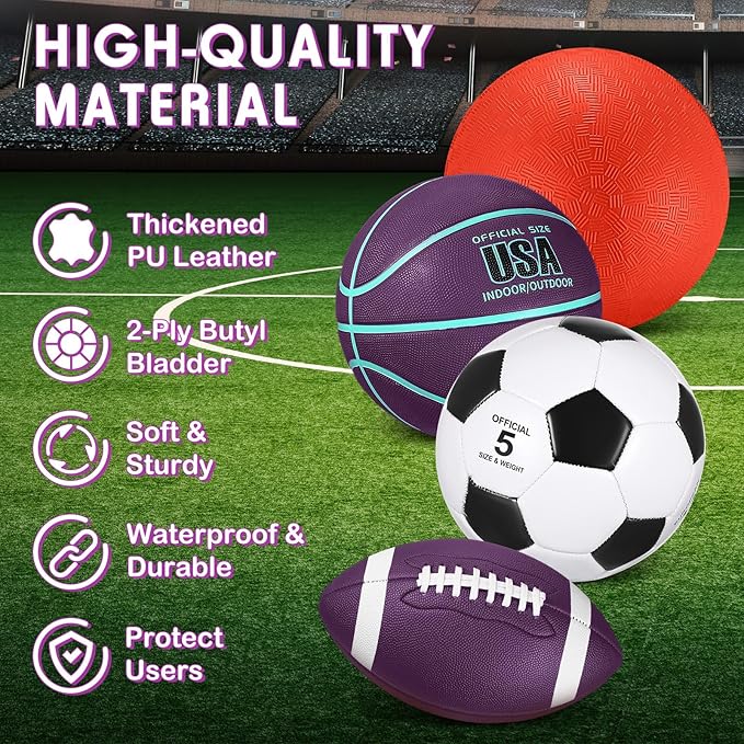 Lenwen 4 Pcs Sports Balls Set, Include Official Size Basketball Soccer Football Playground Ball Pump Equipment Bag Recess Equipment Sport for Teen Adult Gift Back to School