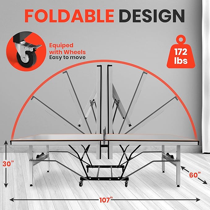 SereneLife Indoor Table Tennis Table – Durable MDF Top for Optimal Bounce, Foldable Design, Swivel Locking Wheels, Net & Paddle Storage, Quick 40-Min Assembly, Box Steel Apron, Matte Grey Finish