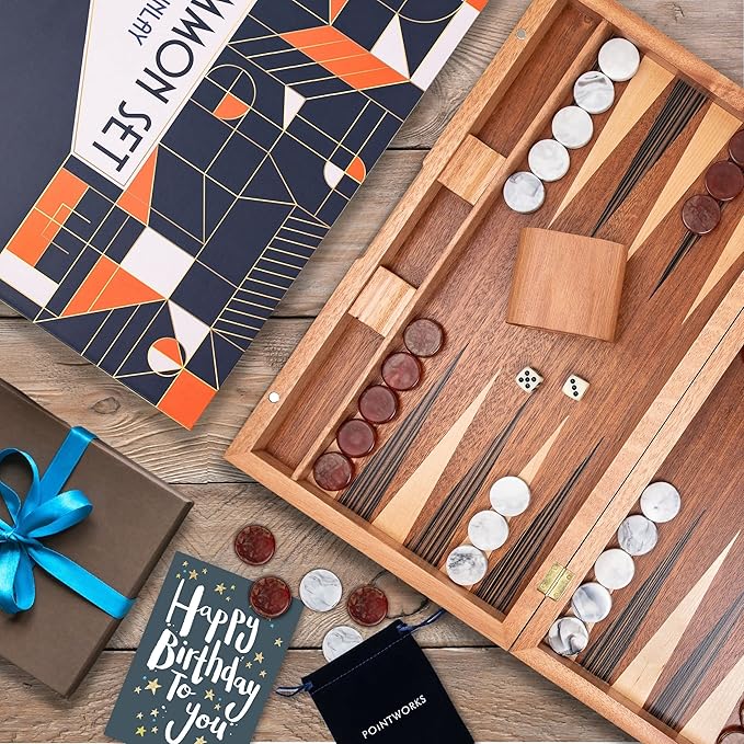 17 Inch Backgammon Sets for Adults. Beautiful Wood Inlaid Backgammon Board Game Set with Unique Checkers & Dice. Large Back Gammon Game Sets Travel Size for 2 Players Nardi or Tavla