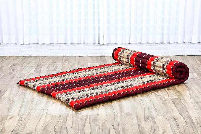 Leewadee - Kapok Roll Mat – Handcrafted Folding Sleep & Relaxation Mattress from Thailand, Ideal as Guest Bed, Camping Mat, Yoga Mat or Traditional Futon, 75 x 39 inches, Red
