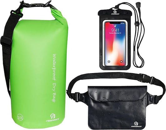 Freegrace Waterproof Dry Bags Set of 3 Dry Bag with 2 Zip Lock Seals & Detachable Shoulder Strap, Waist Pouch & Phone Case - Can Be Submerged Into Water - for Swimming (Green, 10L)