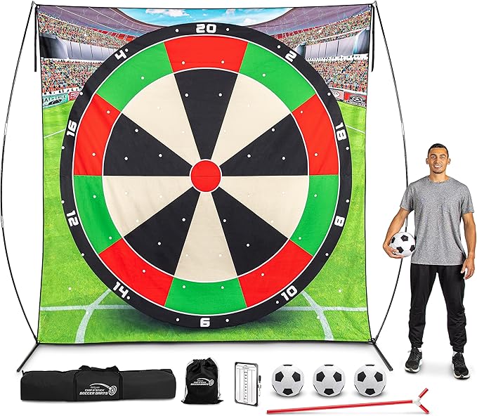 GoSports 10 FT Chip N' Stick Soccer Darts - Giant Kick Darts Game for Kids & Adults - Includes 4 Sticky Soccer Balls, Tote Bag, & Carry Case