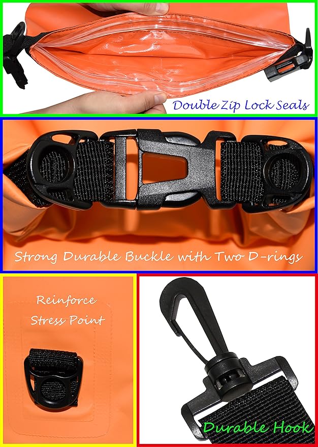 Freegrace Waterproof Dry Bags Set Of 3 - Dry Bag With 2 Zip Lock Seals, Waist Pouch & Phone Case - Can Be Submerged Into Water For Swimming, Kayak, Rafting & Boating (Without Window, Orange, 20L)