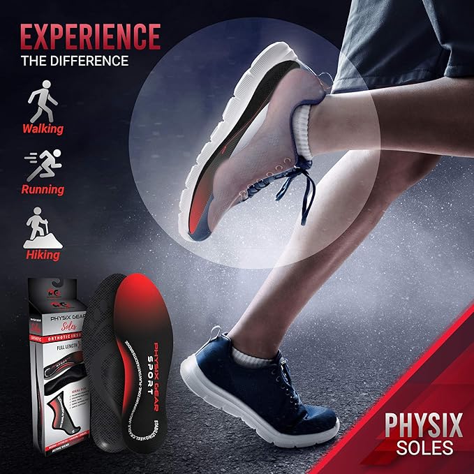 Physix Gear Orthotic Insoles for Men & Women - Arch Support Orthotics Insole, Orthopedic Insoles, Inserts for Men & Women, Foot Insoles for Plantar Fasciitis Comfort, Shoe Insert, Feet, Red/Black, S