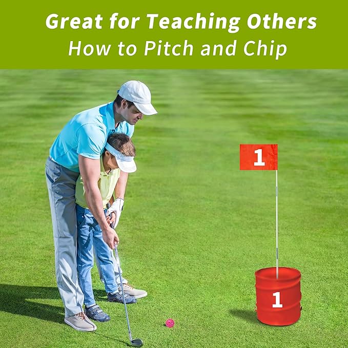 Golf Bucket Yard Game - 6 Hole Course With 2 Clubs, Balls and Flag for Adults and Family - Outdoor Lawn Chipping Games for Backyard, Beach, Park, Camping and Hotel