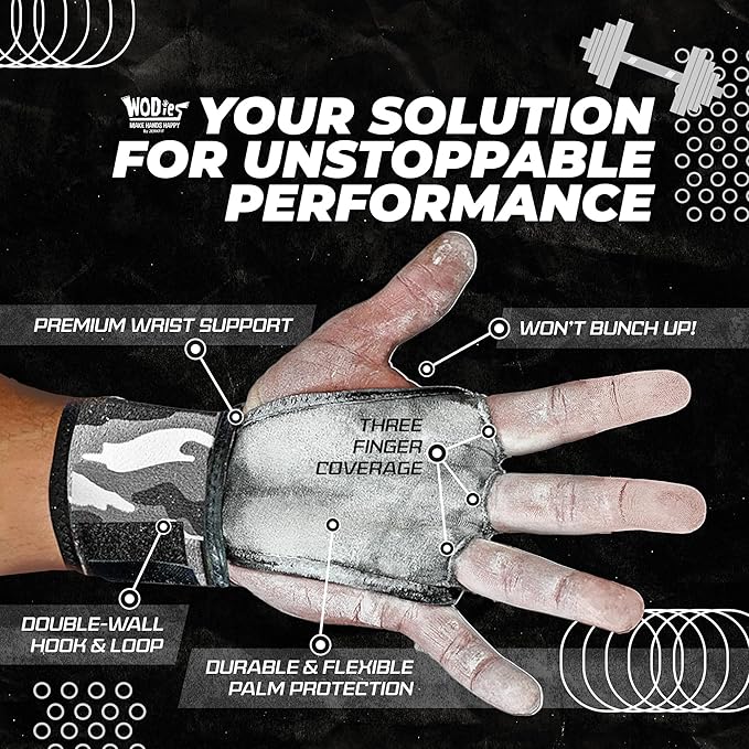 JerkFit WODies Gymnastics & Weightlifting Grips with Wrist Wraps – 3 Hole Versatile Gym Gloves for Pull Ups, Gym Training & Cross Training – Hand Grips Palm Protector for Men & Women