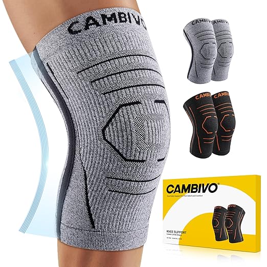 CAMBIVO Essential Series Knee Brace for Women and Men with Side Stabilizer (2 Pack), Lightweight Knee Compression Sleeves for Knee Pain Relief, Running, Workout and Daily Activities (Gray, X-Large)