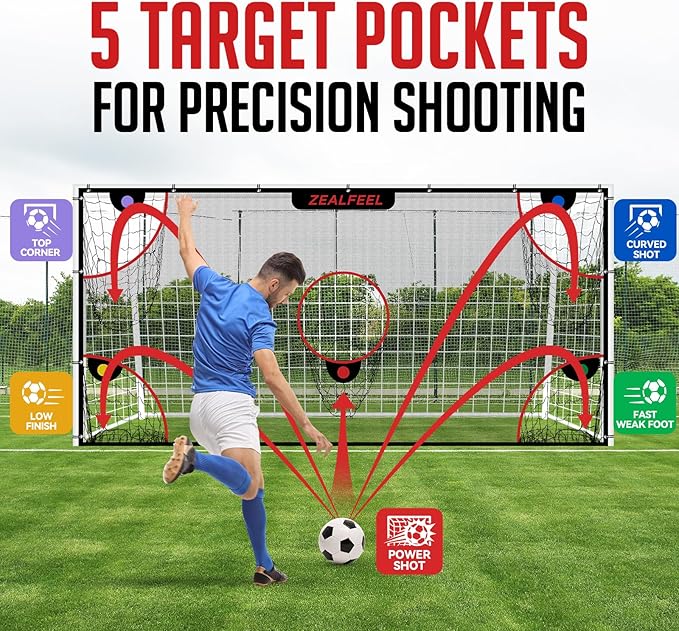 Soccer Target Net, 12x6ft Goal Net with 5 Scoring Zones for Practice Shooting & Goal Shots, Anti-Tear Mesh, 3 Steel Rods, Removable Stick-On Markers, Portable Football Training Equipment
