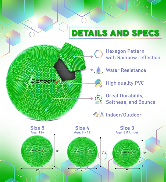 Soccer Ball - Premium Boy and Girl Official Match Ball with Cool Reflective Iridescent Rainbow Hex Pattern, Durable, Indoor, Outdoor, Training, Practice, Playtime and Games