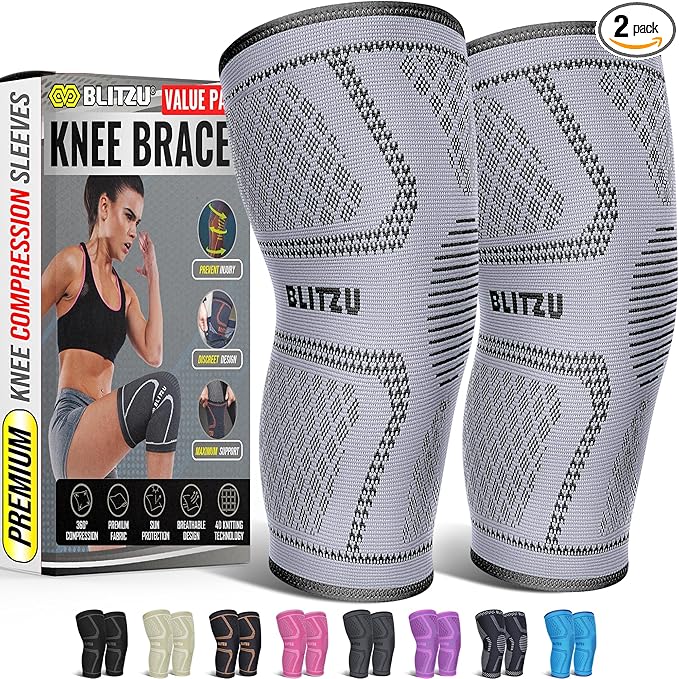 Knee Brace for Women & Men, 2 Pack Compression Knee Brace, Knee Support Sleeve for Pain Relief, Running, Workout, Sports, Knee Braces for ACL, Meniscus Tear, Arthritis and Injury Recovery Grey XL