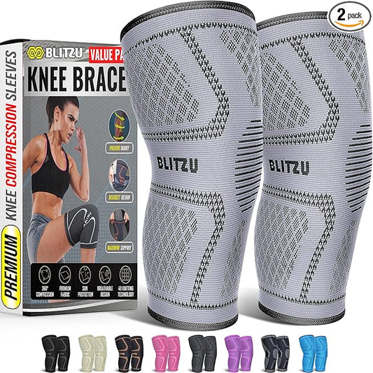 Knee Brace for Women & Men, 2 Pack Compression Knee Brace, Knee Support Sleeve for Pain Relief, Running, Workout, Sports, Knee Braces for ACL, Meniscus Tear, Arthritis and Injury Recovery Grey XL
