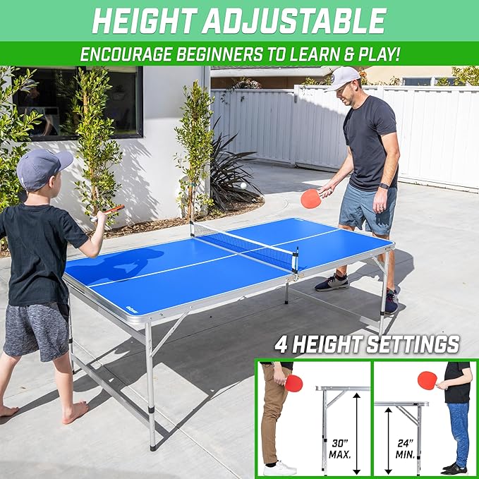 GoSports 6 x 3 ft Mid-Size Table Tennis Table Set with Adjustable Height - Green or Blue