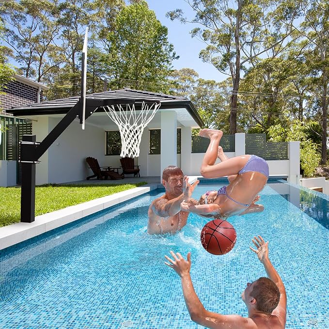 PROGOAL Aluminum Shot and Dunk Poolside Basketball Hoop - In Ground Removable Rust-Resistant Adjustable Height Pool Basketball Game System with Clear Backboard 1/2 Springs Rim and Three Balls