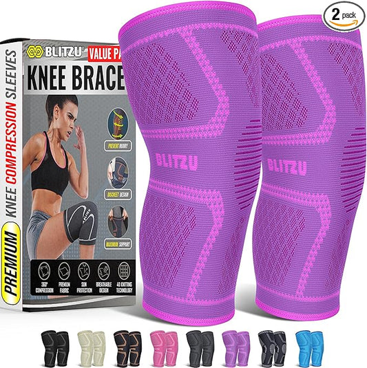 Knee Brace for Women & Men, 2 Pack Compression Knee Brace, Knee Support Sleeve for Pain Relief, Running, Workout, Sports, Knee Braces for ACL, Meniscus Tear, Arthritis and Injury Recovery Purple S