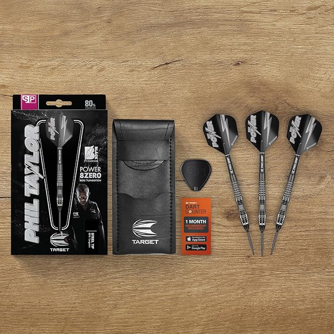 TARGET Darts Phil Taylor Power 8-Zero 4 Black Steel Tip Darts, 80% Tungsten Dart Set, P8Z4, 21G/23G/25G | Player Edition Darts with Swiss Point Tips or Fixed Points | Black Darts Case Included