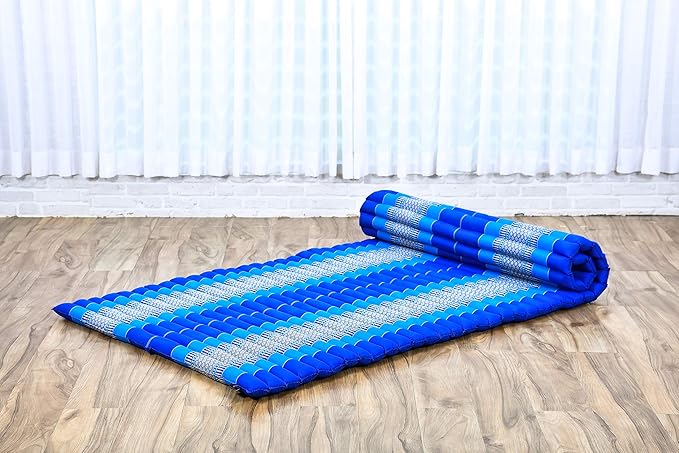 Leewadee - Kapok Roll Mat – Handcrafted Folding Sleep & Relaxation Mattress from Thailand, Ideal as Guest Bed, Camping Mat, Yoga Mat or Traditional Futon, 75 x 39 inches, Blue