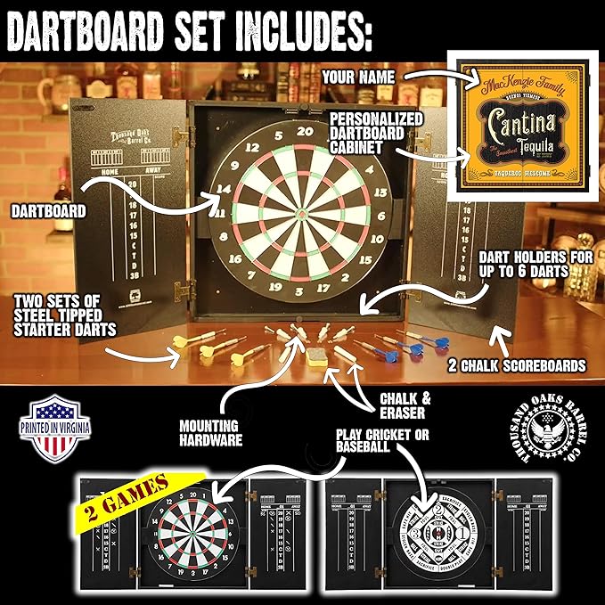 THOUSAND OAKS BARREL CO. | Personalized Dartboard & Cabinet Set with 6 Steel Tip Darts