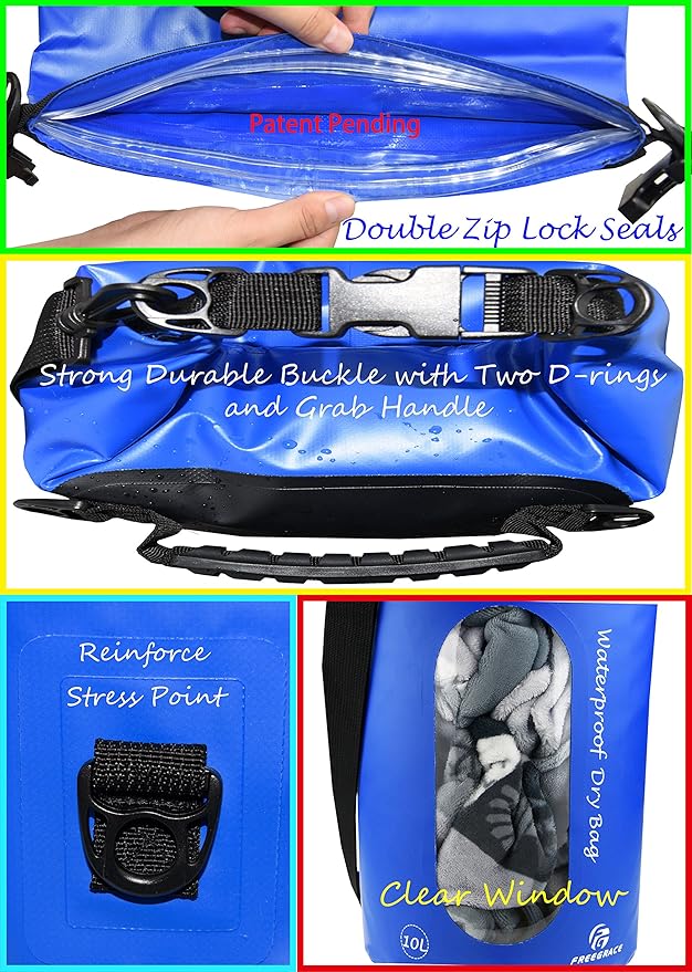 Freegrace Waterproof Dry Bags Set of 3 Dry Bag with 2 Zip Lock Seals & Detachable Shoulder Strap, Waist Pouch & Phone Case - Can Be Submerged Into Water - for Swimming (Navy Blue, 10L)