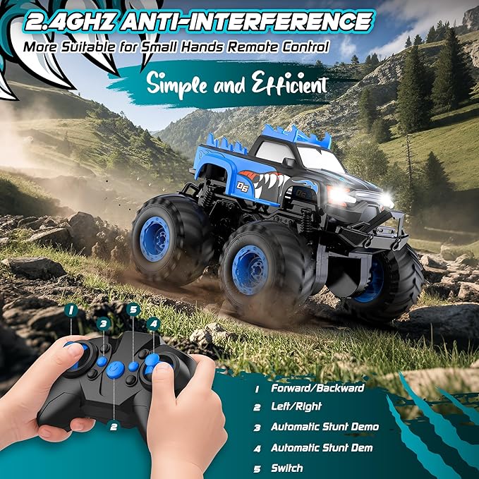 Remote Control Car, 1:24 Scale All Terrain Monster Tuck Toys with Auto Demo, Remote Control Tuck with 360° Rotation and Lights, 2.4Ghz Rc Cars Support 20km/h, Monster Trucks for Boys Age 4-7