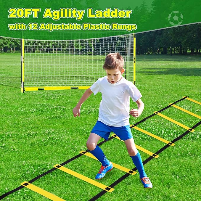 Collapsible Soccer Goal, 12×6 ft /6×4 ft Portable Soccer Goal Net for Backyard, Quick Setup Soccer Goals with 1 Carry Bag, 1 Agility Ladder, 4 Ground Nails,12 Training Cones