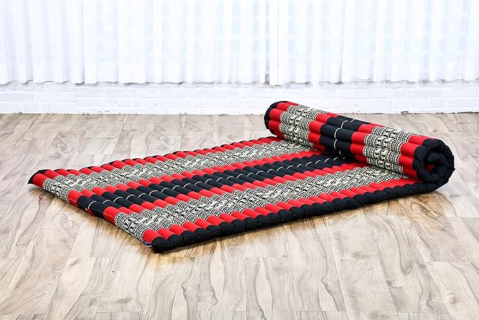 Leewadee - Kapok Roll Mat – Handcrafted Folding Sleep & Relaxation Mattress from Thailand, Ideal as Guest Bed, Camping Mat, Yoga Mat or Traditional Futon, 75 x 39 inches, Black Red