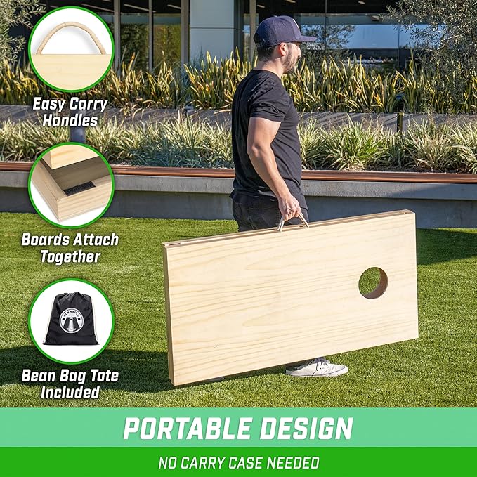 GoSports 4 x 2 ft Classic Wooden Cornhole Board Set - Portable Bean Bag Toss Game for Adults & Family - Includes Set of 8 Bean Bags with Tote Bag