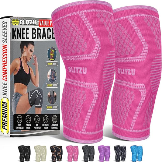 Knee Brace for Women & Men, 2 Pack Compression Knee Brace, Knee Support Sleeve for Pain Relief, Running, Workout, Sports, Knee Braces for ACL, Meniscus Tear, Arthritis and Injury Recovery Pink L
