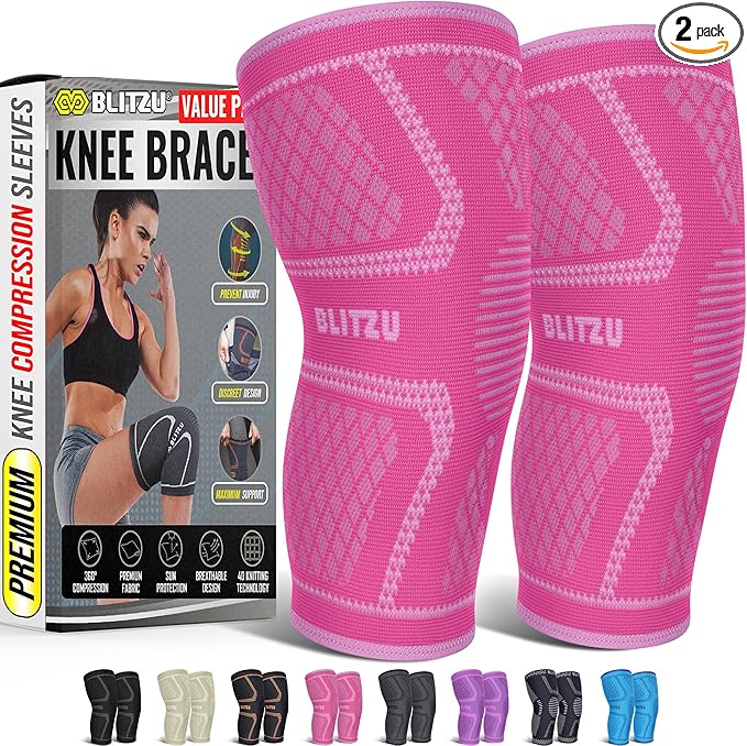 Knee Brace for Women & Men, 2 Pack Compression Knee Brace, Knee Support Sleeve for Pain Relief, Running, Workout, Sports, Knee Braces for ACL, Meniscus Tear, Arthritis and Injury Recovery Pink M