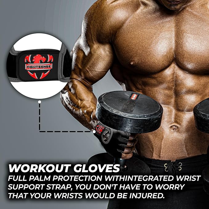FIGHTSENSE Workout Gloves for Men Women, Weight Lifting Gloves with Non-Slip Silicon Padded Palm, Breathable, Lightweight Exercise Gym Gloves for Weightlifting Powerlifting Cycling Rowing